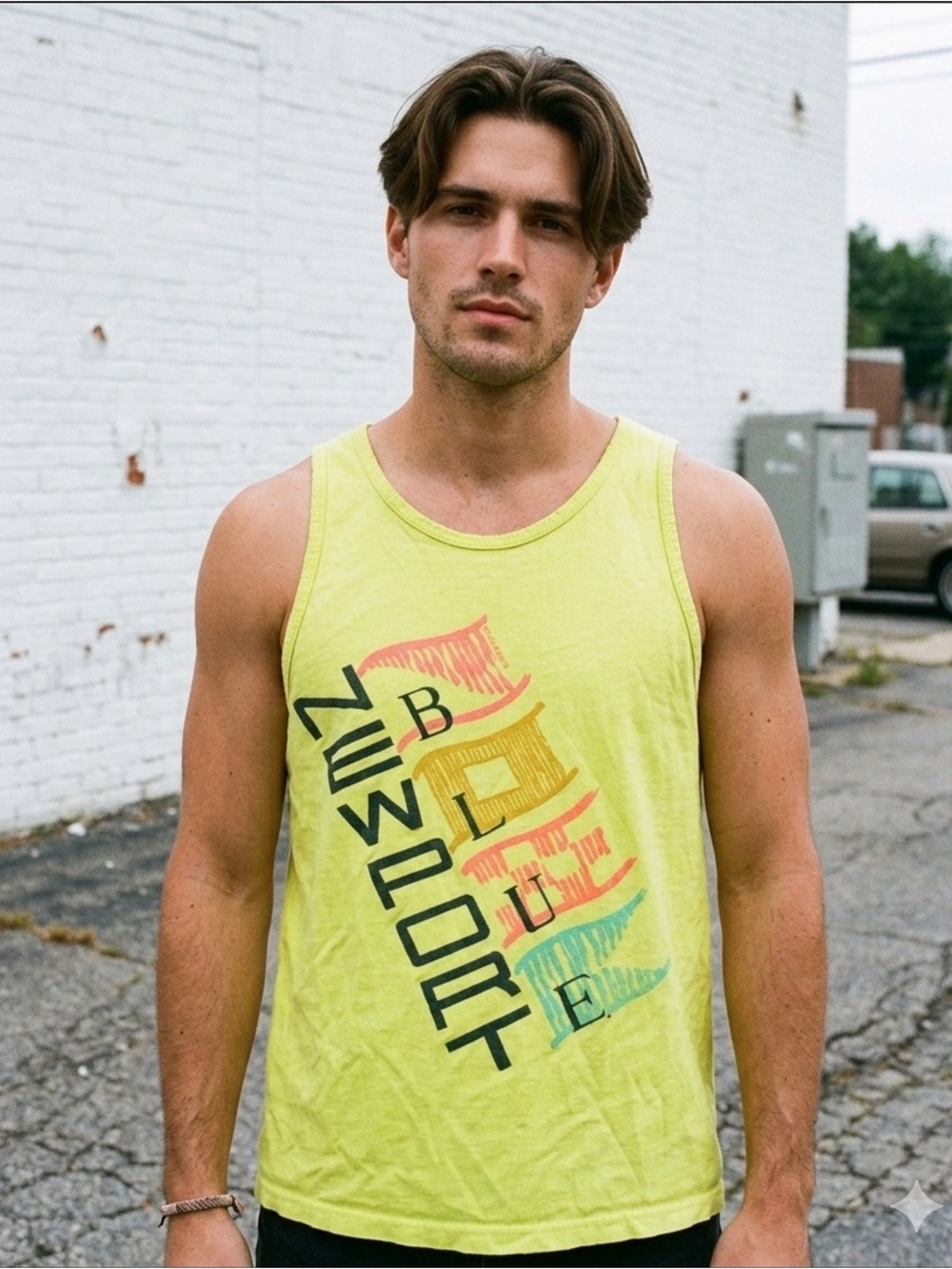 Vintage 1989 Newport Blue Yellow Tank Top 80s Surf Shirt Men’s Sz S USA